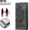 A product image showing a phone case with a mandala design and marketing graphics illustrating RFID protection. Produktbild-Vorschau
