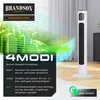 A tall white tower fan is shown with green air flow graphics and text describing its features. Náhled obrázku produktu