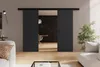 A modern living room with dark sliding doors, a sofa, and a plant. Náhled obrázku produktu