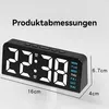 A digital alarm clock is shown with its dimensions indicated. Produktbild-Vorschau