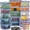 A collection of clear plastic food storage containers filled with various food items, stacked and arranged. Produktbild-Vorschau