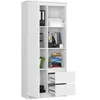 A white bookshelf with several compartments filled with books and binders, and two drawers at the bottom. Produktbild-Vorschau