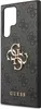 A close-up, side view of a grey phone case with a repeating Guess logo pattern and a prominent gold Guess logo in the center. Produktbild-Vorschau