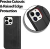 A black flip case for an iPhone 13 Pro Max is shown, with a close-up inset highlighting the camera cutouts and raised edge protection. Produktbild-Vorschau
