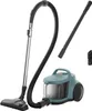 A teal bagless vacuum cleaner with its accessories, including a hose, wand, and floor head, displayed against a white background. Produktbild-Vorschau