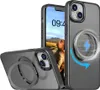 A dark gray iPhone case with a magnetic ring and a lightning bolt symbol is shown with a blue arrow indicating rotation. Another case is shown in the foreground. Produktbild-Vorschau