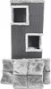 A cat scratching tower with two cubbies and three plush cushions in front of it, all on a white background. Produktbild-Vorschau