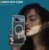 A woman with curly hair is holding a clear phone case with a blue magnetic ring for a Google Pixel 8 phone. Náhled obrázku produktu