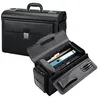 A black leather briefcase is shown, with one half open to display its interior compartments and contents. Produktbild-Vorschau