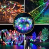 A collage of images showing LED string lights used for decoration in various settings, including trees, stairs, and outdoor landscapes. Produktbild-Vorschau
