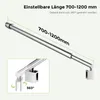 A chrome shower rod with adjustable length and a close-up view of its mounting mechanism. Podgląd zdjęcia produktu