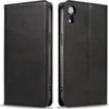 A black leather flip phone case shown from two angles. Produktbild-Vorschau