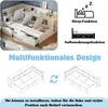 A multi-functional bed with storage and a sofa function, shown in a room setting and with diagrams. Náhľad obrázku produktu