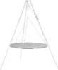 A round metal grill grate suspended from a tripod stand by wires and a pulley system. Produktbild-Vorschau