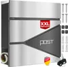 A modern, silver and gray mailbox with a newspaper compartment and included mounting hardware. Produktbild-Vorschau
