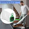 A man is vacuuming a wooden staircase with a cordless vacuum cleaner. A close-up of a vacuum cleaner bag is overlaid on the image. Produktbild-Vorschau