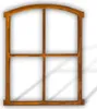 A rustic, antique-style window frame made of iron, with a curved top and divided into four panes by horizontal and vertical bars. The iron has a weathered, rusty appearance. Produktbild-Vorschau
