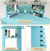 A collage of images showing a light blue vanity table with makeup and skincare products. Voir les images du produit