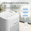 Close-up of a white Aigostar tower fan with controls and remote, accompanied by informational text and icons. Produktbild-Vorschau