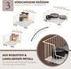 Collage showing different sizes of a wire basket drawer insert, with close-ups of its features and text describing its benefits. Produktbild-Vorschau