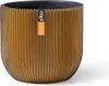 A gold-colored planter pot with vertical grooves and a black interior, featuring a brand label. Anteprima dell’immagine prodotto