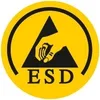 A circular graphic with a black border and yellow background. In the center is a black triangle with a hand reaching into it. Below the triangle are the letters "ESD" in black. Náhľad obrázku produktu