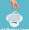 A hand reaching down towards a white pool skimmer basket with a blue background. Produktbild-Vorschau