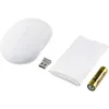 A white wireless mouse, USB receiver, and a battery are laid out on a white background. Produktbild-Vorschau