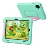 A mint green tablet case with a pink kickstand is shown, with the tablet screen displaying cartoon dinosaurs. Produktbild-Vorschau
