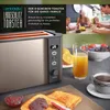 A collage showing a toaster, a family eating breakfast, and breakfast items like toast, juice, and coffee. Produktbild-Vorschau