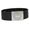 A black leather belt with a silver buckle featuring an eagle emblem and German text. Anteprima dell’immagine prodotto