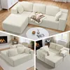 Collage of a modular beige corduroy sofa in different configurations, with a fireplace and a coffee table. Náhled obrázku produktu