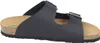A side view of a black sandal with two adjustable straps and a cork sole. Produktbild-Vorschau