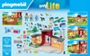 A collage of images showing a Playmobil dog hotel playset, its components, and various scenes of children playing with it. Produktbild-Vorschau
