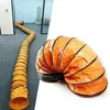 A split image showing a long, flexible orange air duct laid out in an office environment on the left, and a coiled section of the same duct on the right. Produktbild-Vorschau