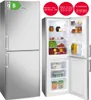 A collage showing a silver refrigerator with its door open, displaying food items, and a separate image of the closed refrigerator. Produktbild-Vorschau