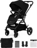 A black Kinderkraft YOXI stroller is shown against a white background, with accessories displayed below. Produktbild-Vorschau
