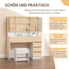 A white vanity table with a stool, featuring storage compartments and drawers, with descriptive text overlays. Produktbild-Vorschau