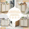 Collage of four scenes showing a laundry basket in different home settings: living room, bedroom, balcony, and bathroom. Voir les images du produit