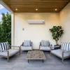 An outdoor patio with seating and a coffee table, featuring an infrared heater mounted on the wall. Produktbild-Vorschau