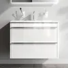 A white bathroom vanity with a sink and faucet mounted on a light gray wall. Produktbild-Vorschau