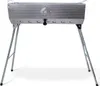 A silver barbecue grill with foldable legs on a white background. Produktbild-Vorschau