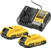 A DeWALT battery charger and two batteries are displayed against a white background. Produktbild-Vorschau
