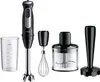 A set of kitchen appliances including a hand blender, whisk attachment, chopper attachment, and beaker. Produktbild-Vorschau