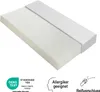 A white mattress with a light gray band across the top, shown on a white background. Several certification logos and text are visible at the bottom. Produktbild-Vorschau