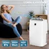 A woman relaxing in a beanbag chair while a portable air conditioner cools the room. Produktbild-Vorschau