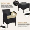 A rattan table and chair set with feature callouts. Produktbild-Vorschau