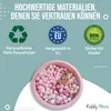 A baby playing in a ball pit with marketing text and certifications above. Produktbild-Vorschau