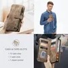 A collage of images showcasing a brown leather wallet phone case, a man holding the case, and a diagram illustrating its features. Produktbild-Vorschau
