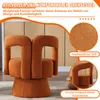 An orange swivel chair with text overlays describing its features. Voir les images du produit